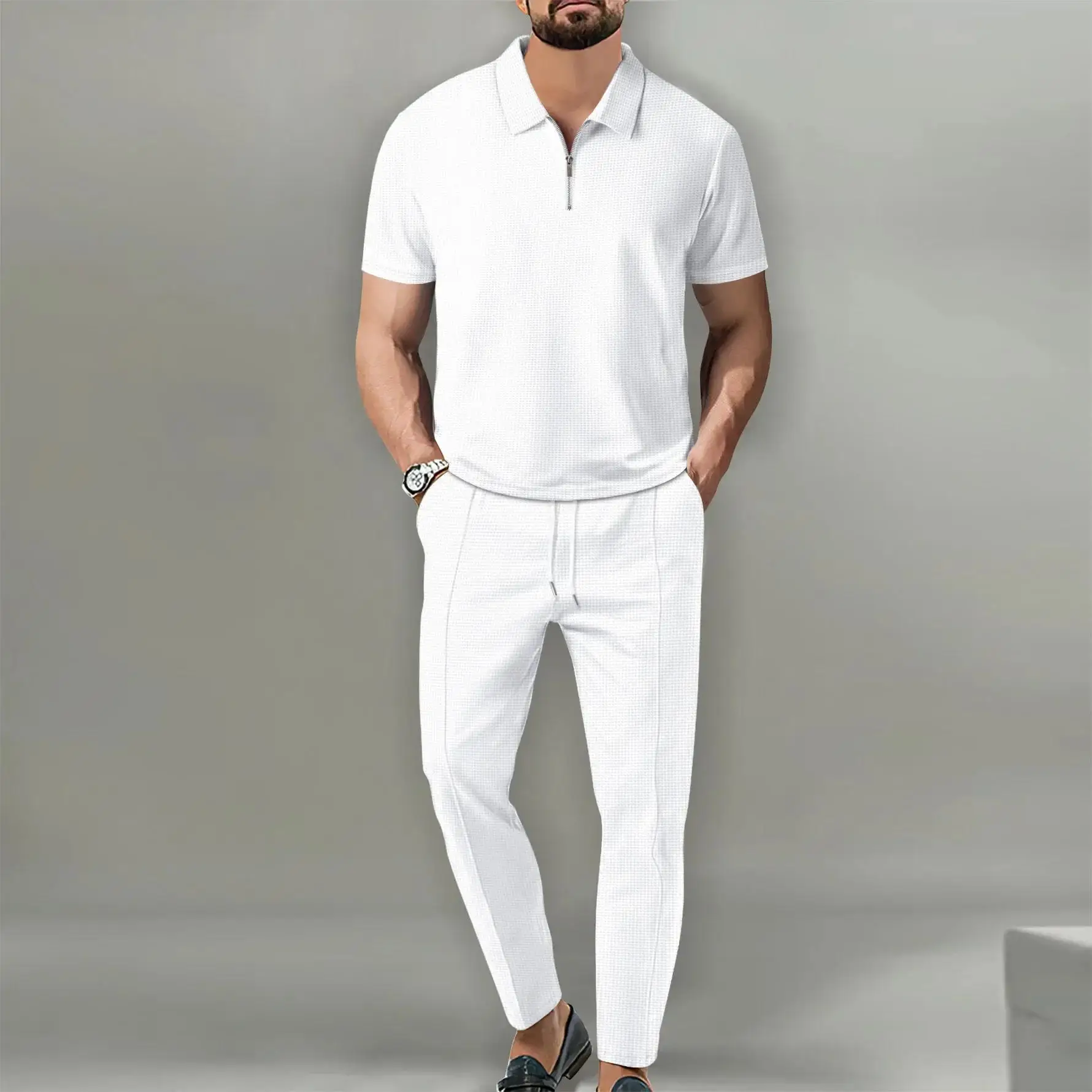 2026 Autumn New European and American Men's Solid Color Leisure Suit Waffle Collar Short-sleeved Zipper Pants Suit