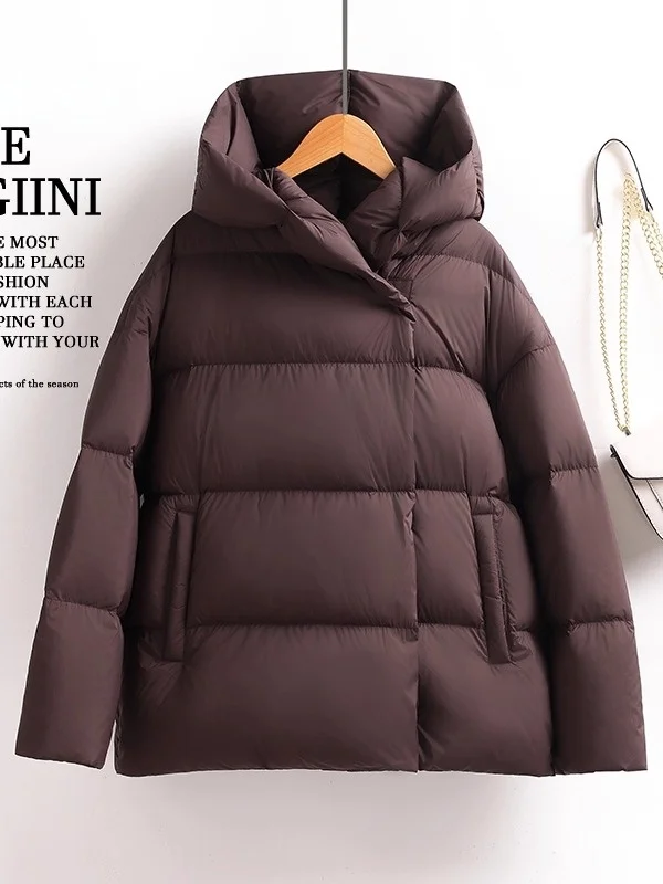 

Женская пуховая куртка 2025: Новая зимняя утепленная белая пуховая куртка с капюшоном, теплая, в корейском стиле, свободного кроя, из полиэфирного волокна