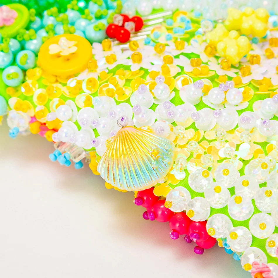 Kawaii Color Flower Beads Beach Handbag Women 2022 Summer New Luxury Designer Handmade Beaded Purse Girls Shoulder Bag Holiday