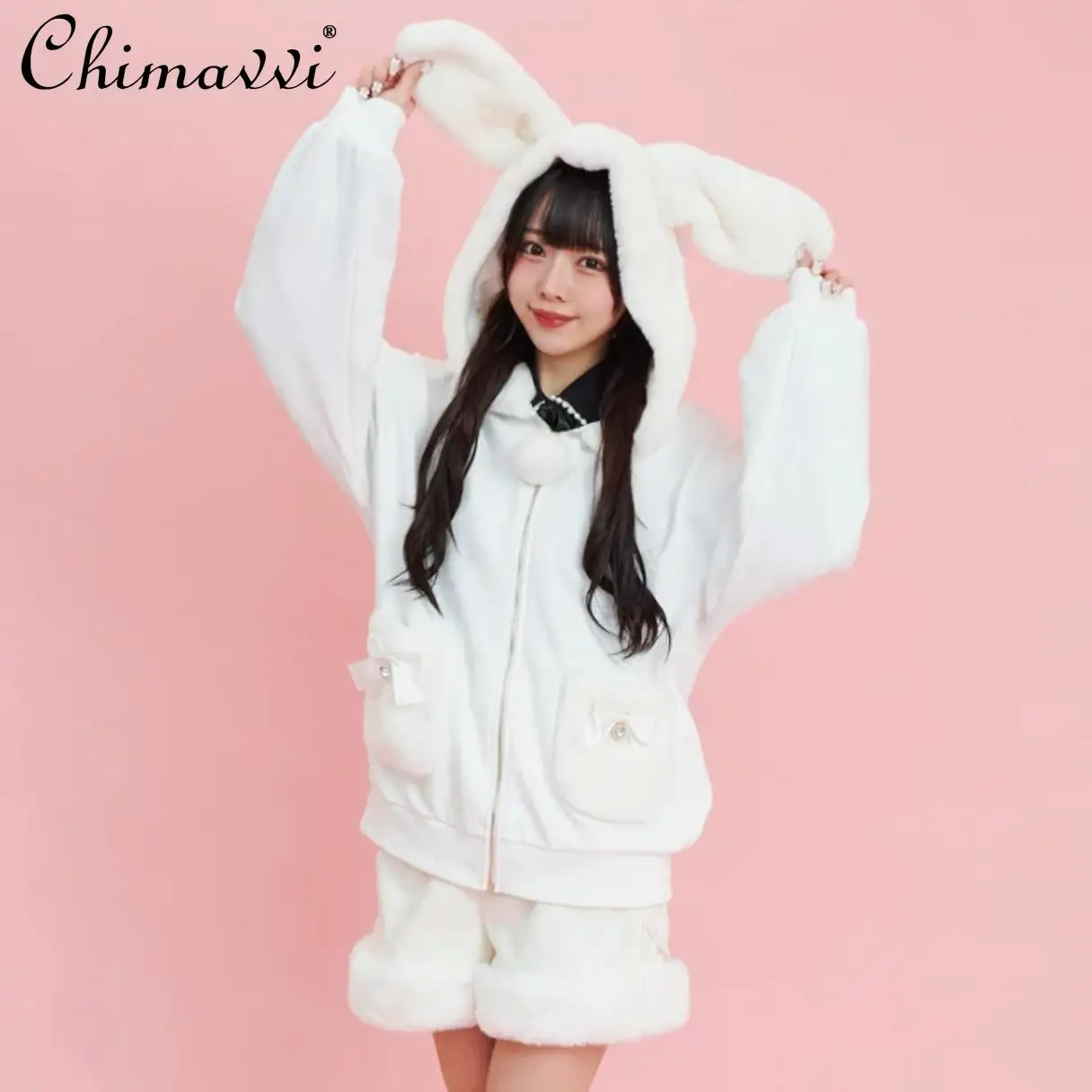 

Japanese Sc Hairy Rabbit Ears Sweatshirt Jacket Autumn and Winter New Sweet and Cute Girl Womens Long-sleeved Kawaii Hooded Coat