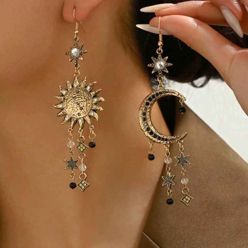Vintage Bohemian Style Sun Moon Stars Tassel Drop Earring Women's Fashion Ear Jewelry Gifts