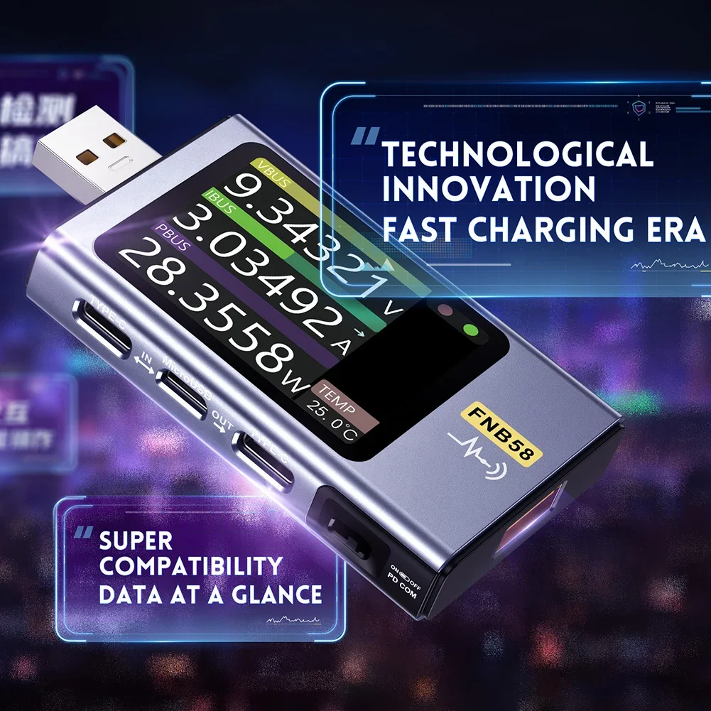 

USB-тестер FNB58, вольтметр, амперметр, быстрое обнаружение заряда, триггер емкости, 82*42*13 мм, 1 шт.