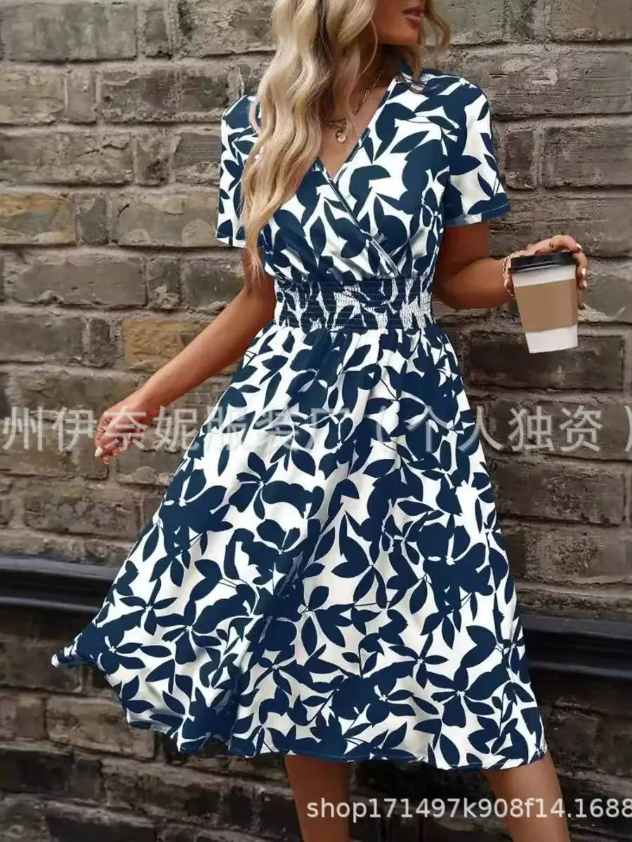 2025 europeu americano nova primavera verão de manga curta com decote em v folha floral bainha grande saia cintura vestido vestidos topos 2kd7