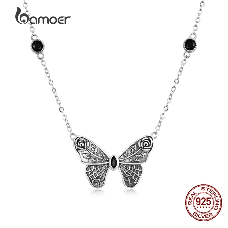 Bamoer colar de borboleta do vintage 925 prata esterlina engraçado crânio homem colar para as meninas das mulheres legal dia das bruxas jóias presente