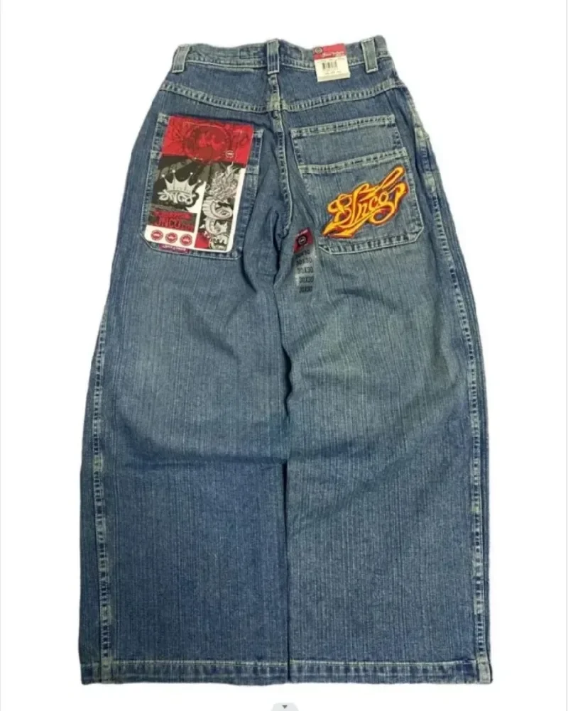 جينز JNCO-harajco فضفاض مع خصر عالي ومطَرزة ، جينز واسع الساق ، Y2K ، جودة عالية ، أفضل صيحة ، هيب هوب