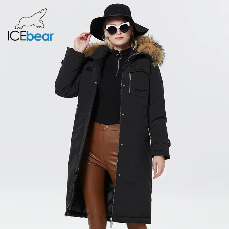 ICEbear 2023 Winter Women Jacket Long Elegant Cotton Parka with Fake Fur Trim Women\'s Thickened Warm Coat GWD22596-2D