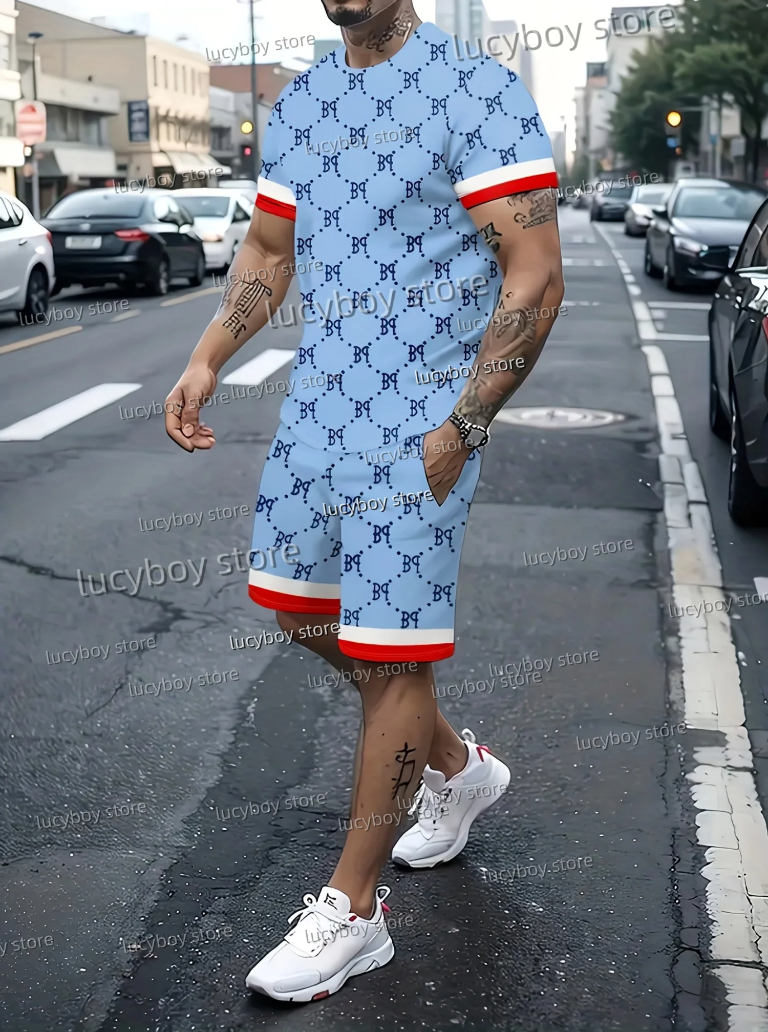 Summer  Men' 3D Light Luxury Print Set Short Sleeve T-Shirt Shorts Set Adult Sport Jogging Plus Size Tracksuit 2 Piece Set