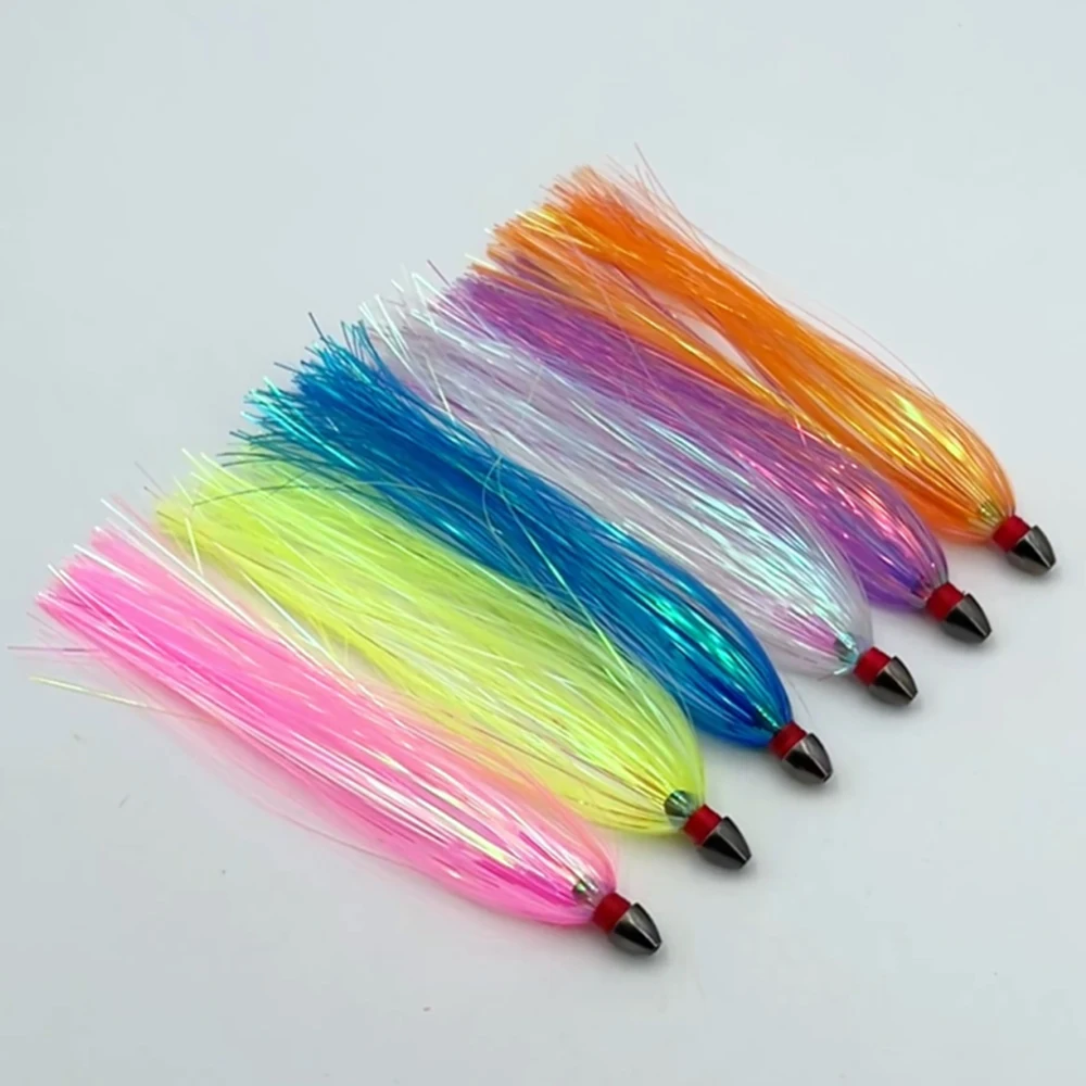 3PCS 6PCS 13cm/4.5g Mylar Flash Teaser Tail Weighted Head Mylar Skirt Saltwater Fishing Trolling Lure For Sea Bass Mahi Wahoo