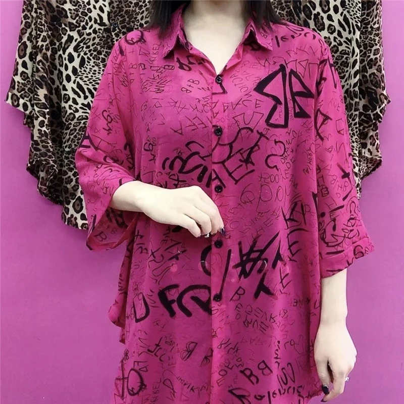 Women Vintage Floral Letter Print Oversized Streetwear Shirt Spring Summer Fashion 3/4 Sleeve Irregular Blouse Ladies Tunic Tops