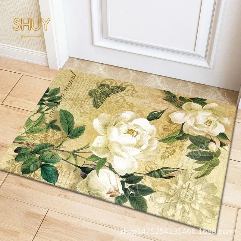 

Flower Print Bedroom Rug Entrance Simple Anti-slip Flannel Bath Living Room Hallway Floor Mats Kitchen Carpet Bedside Foot Mat