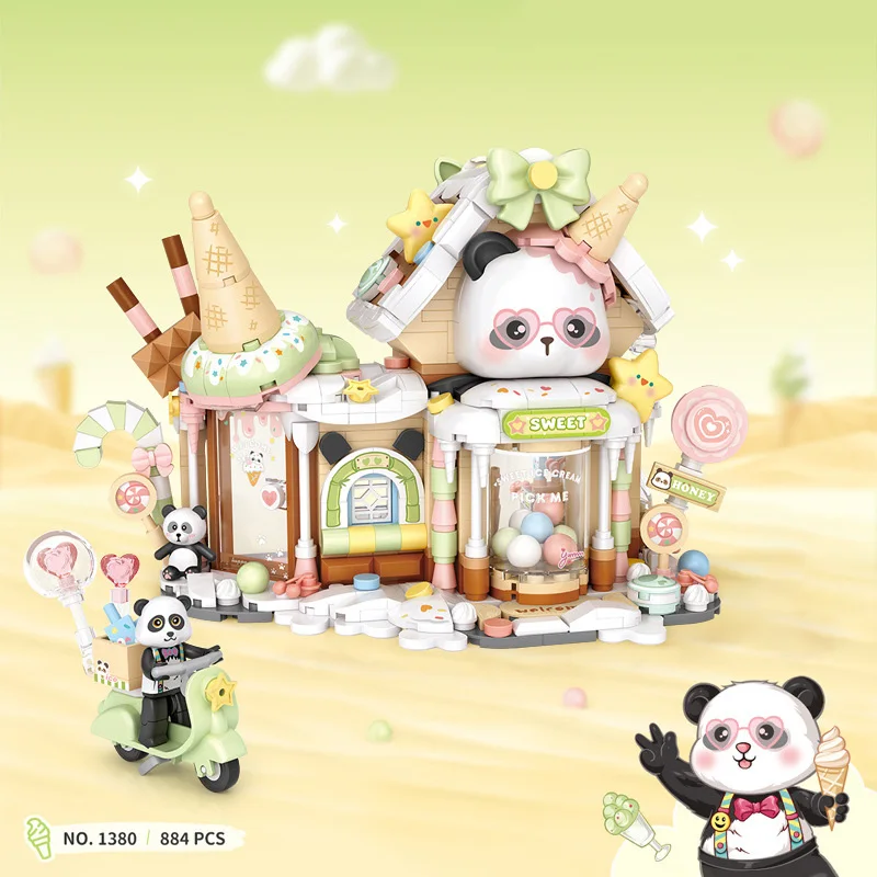 LOZ-1380 الباندا الآيس كريم البيت غير تقليدي منزل خشبي سلسلة عرض الشارع الصغيرة تجميعها نموذج قطع ألعاب مكعبات البناء للأطفال