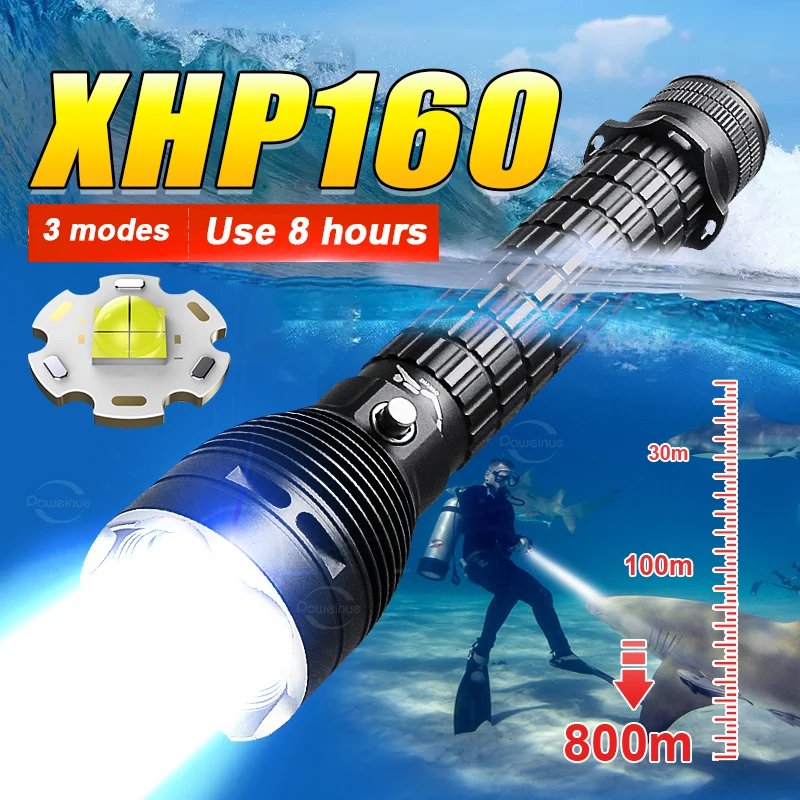 

2024 Newest Professional XHP160 LED Diving Flashlight Super Powerful Underwater Light 800M High Power Lantern Scuba Diving Torch