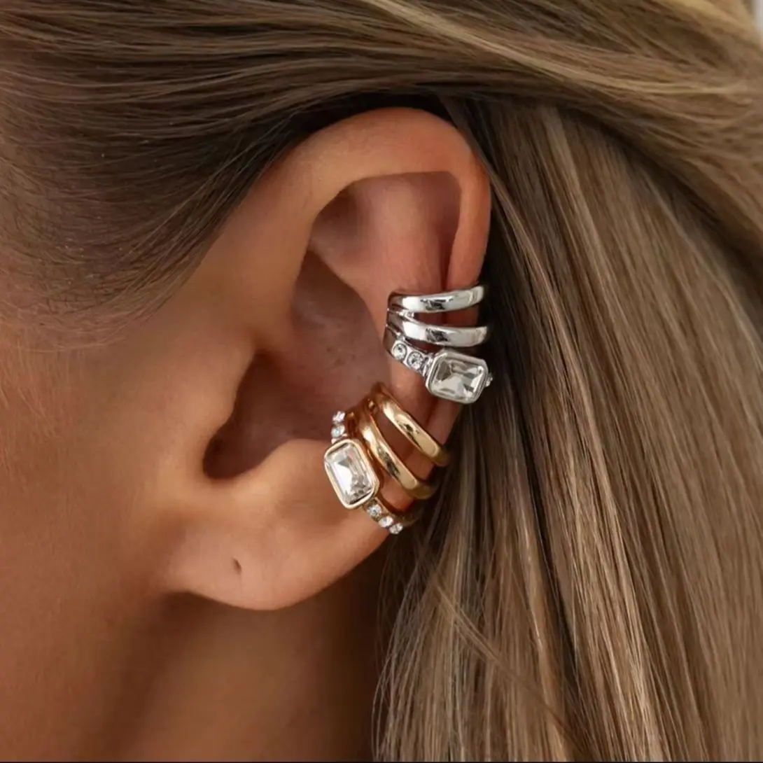Boucles d'oreilles à clip en cristal à 3 couches pour femmes et filles, style minimaliste, en métal en forme de C, fausse piercing, manchette d'oreille, bijoux cadeaux