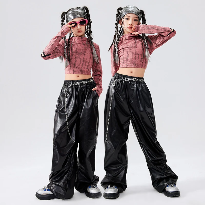 

New Girls Hip Hop Dance Costume Long Sleeves Hoodies Leather Pants Jazz Dance Performance Outfits Kpop Modern Dance Wear BL14402