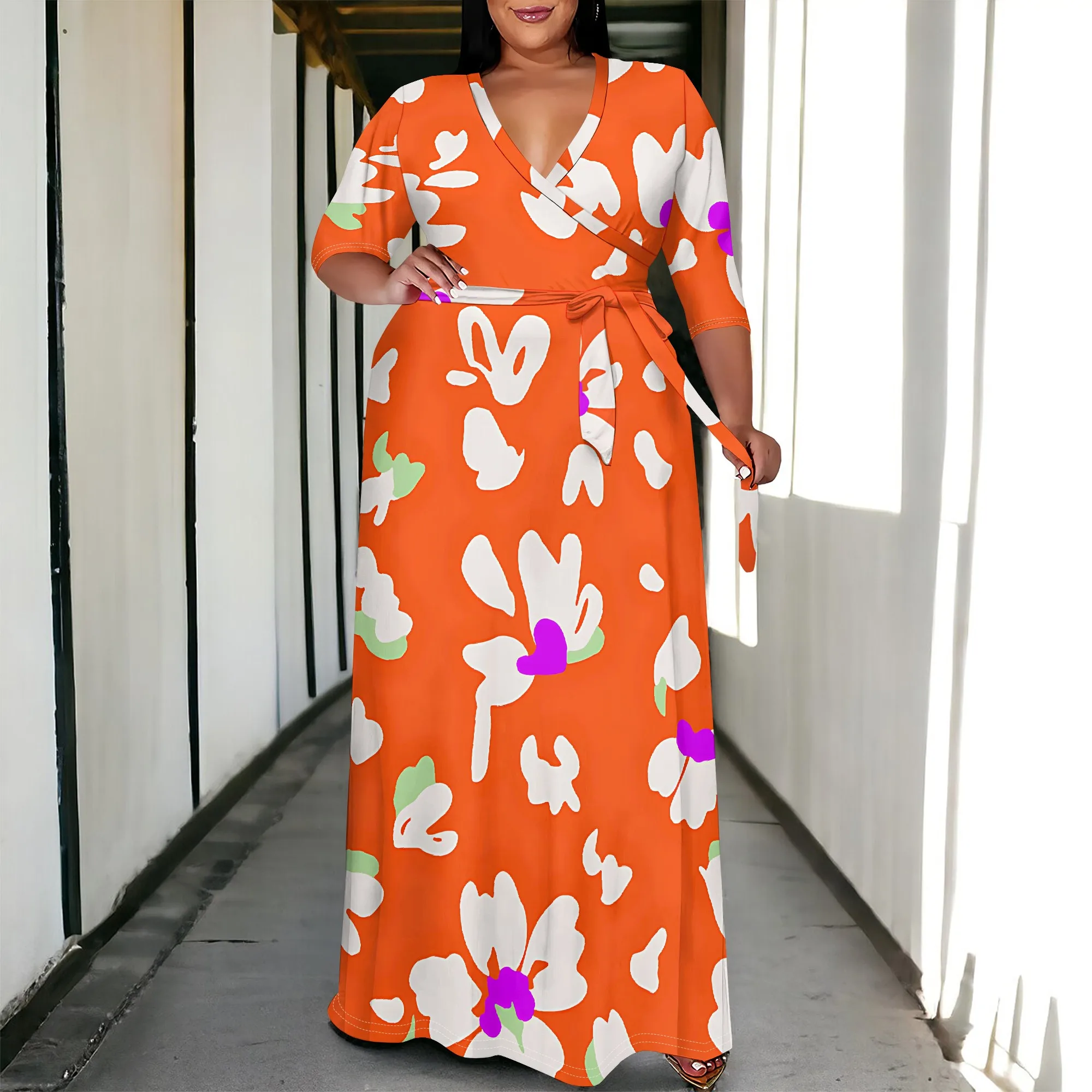 

Plus Size Women's Summer Fashion Printed 3/4 Sleeve Maxi Dress for Women Short Sleeve Long Loose Casual Dresses With Pocket