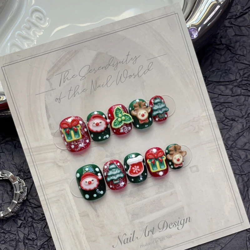 10 pçs/saco árvore de natal maçã vermelha boneco de neve gato magnético bonito artesanal imprensa em unhas m/s tamanho curto redondo cobertura completa unhas falsas