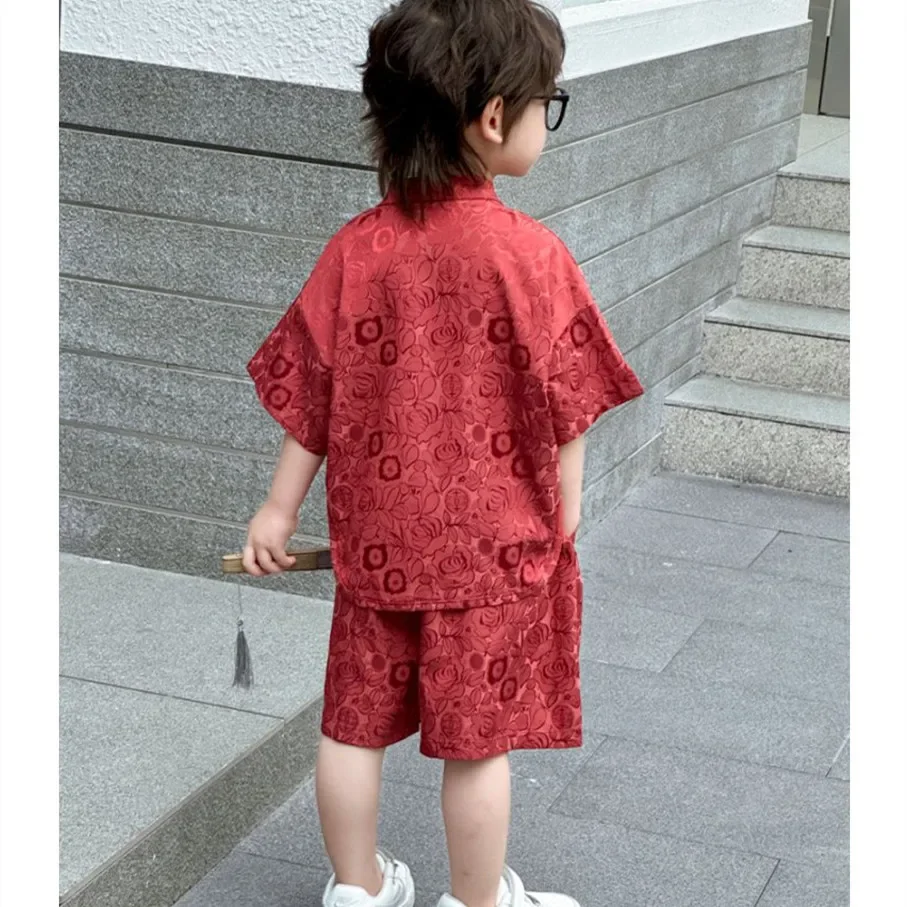 Summer Short Sleeve 2 Piece Set Boys Costume Kids Clothes Casual Boy Outfit Tang Style Hanfu Suit Baby Fashion Children's Sets