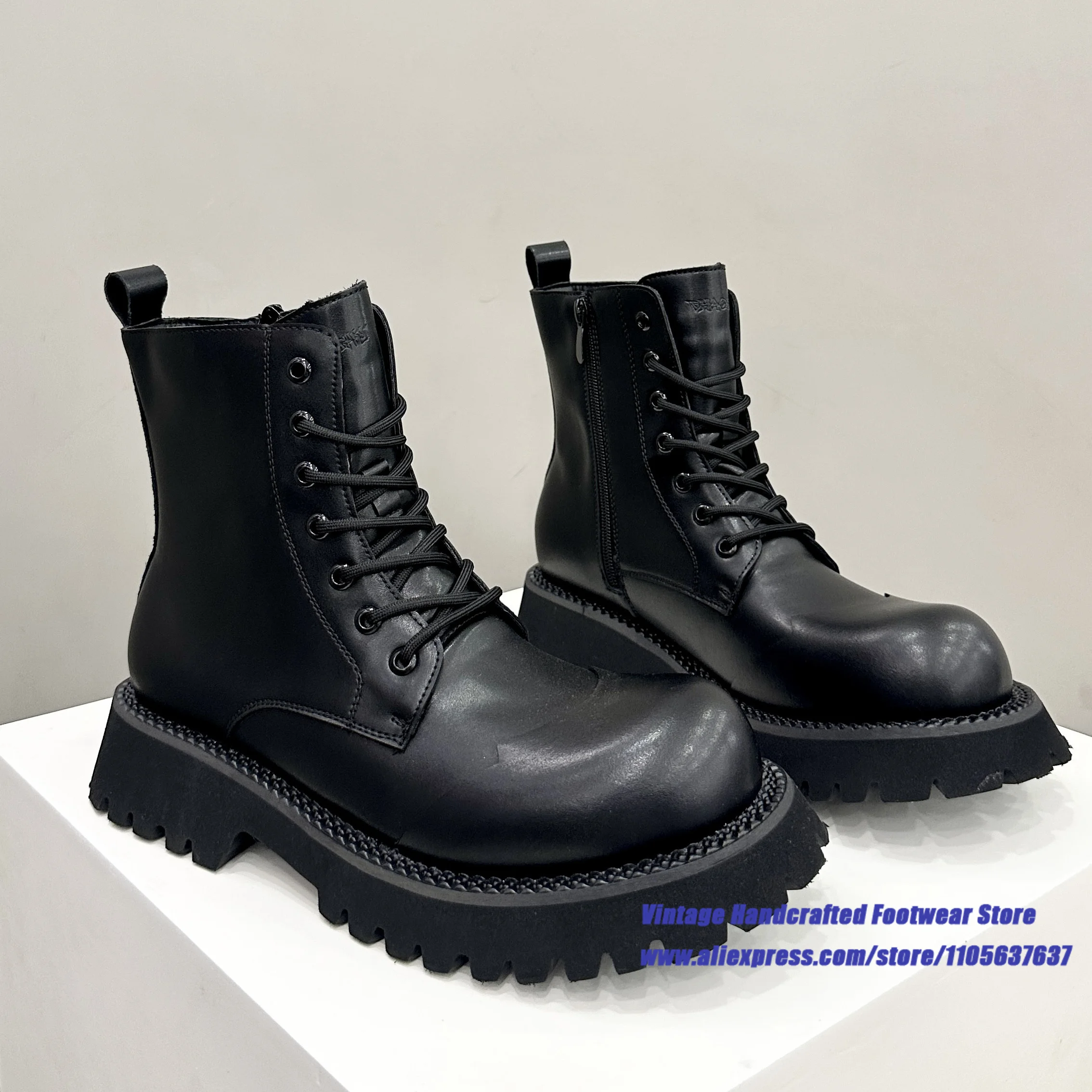 Black Leather Thick Sole Men's Boots Front Lace Up & Inner Side Zipper Round Toe Ankle Boots ﻿Vintage Handcrafted Men's Boots