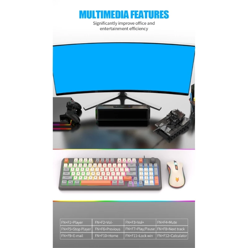 

USB Corded Keyboard Mouse With Knob 3 Color Matching RGB Mechanical Keypad