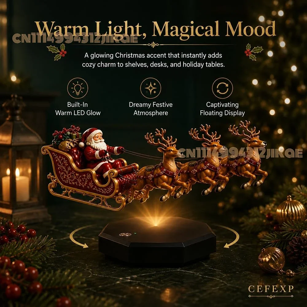 Floating Santa Sleigh,Magnetic Levitation Santa's Flying Sleigh Ornament,Christmas Display with Built‑In Warm LED Lighting