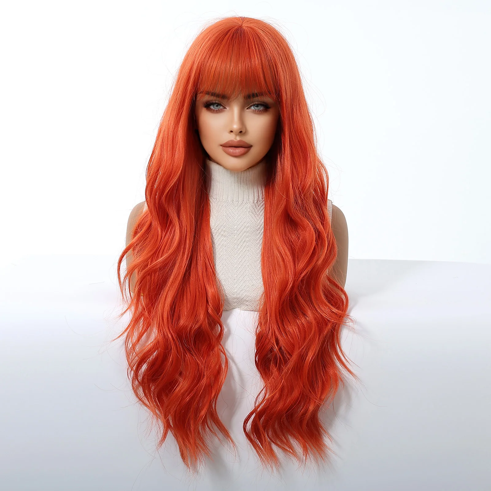 헬로윈 오렌지색 합성 물결 웨이브 롱 가발 (앞머리 포함) 여성용 내열성 파티 코스프레 가발