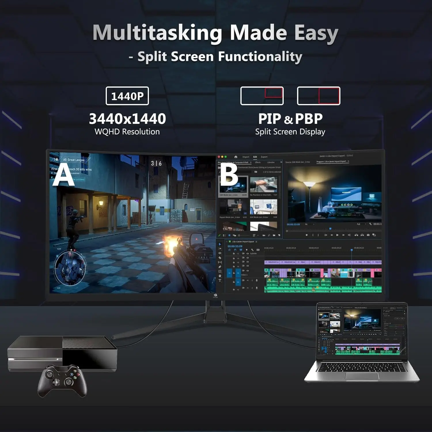 شاشة ألعاب منحنية Ultrawide 2K مقاس 34 بوصة مع معدل تحديث 165 هرتز، نسبة الارتفاع 21:9، 1 مللي ثانية MPRT، دقة 3440 × 1440، انحناء 1500R