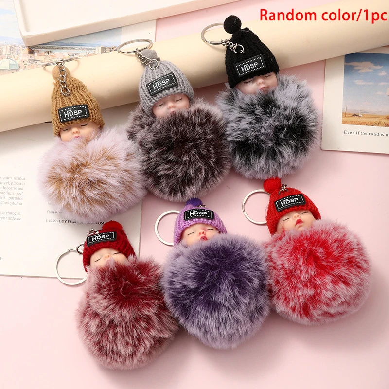 Cute Colorful Fluffy Plush Sleeping Baby Hairball Doll Keychain Pendant Backpack Hangings Decoration Gifts