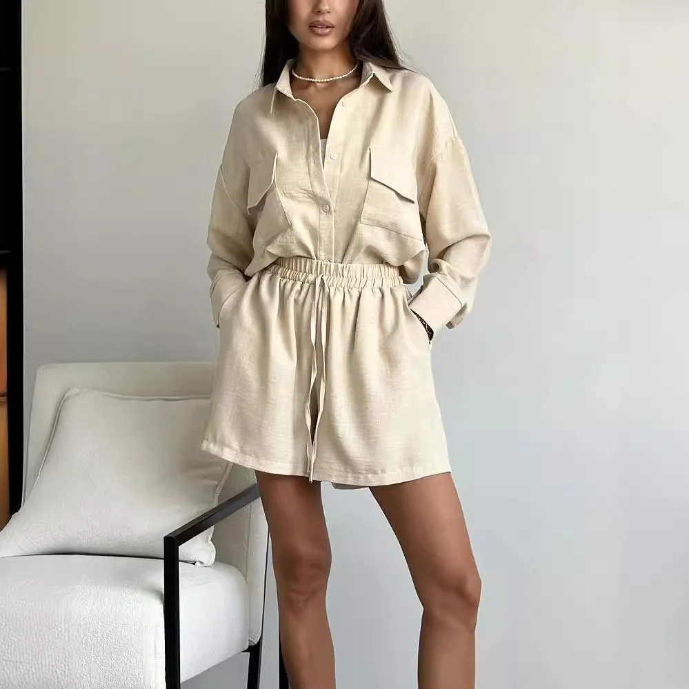 Women Two Piece Set Blouse Short Sets Casual Turn Down Collar Solid Shirts Shirt Drawstring Suits Pocket Office Lady Elegant