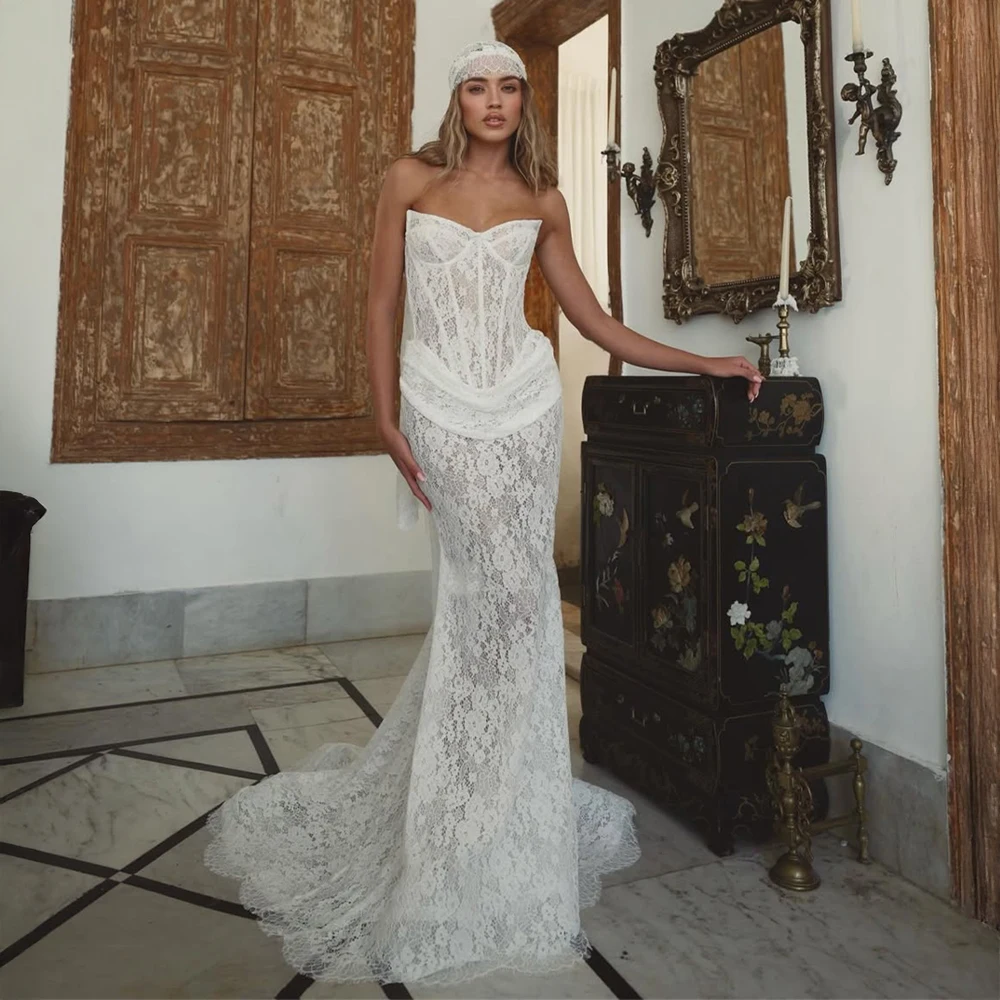 

Прозрачное кружевное свадебное платье русалки без бретелек по индивидуальному заказу, свадебное платье с рюшами на талии для свадебных церемоний в винтажном стиле