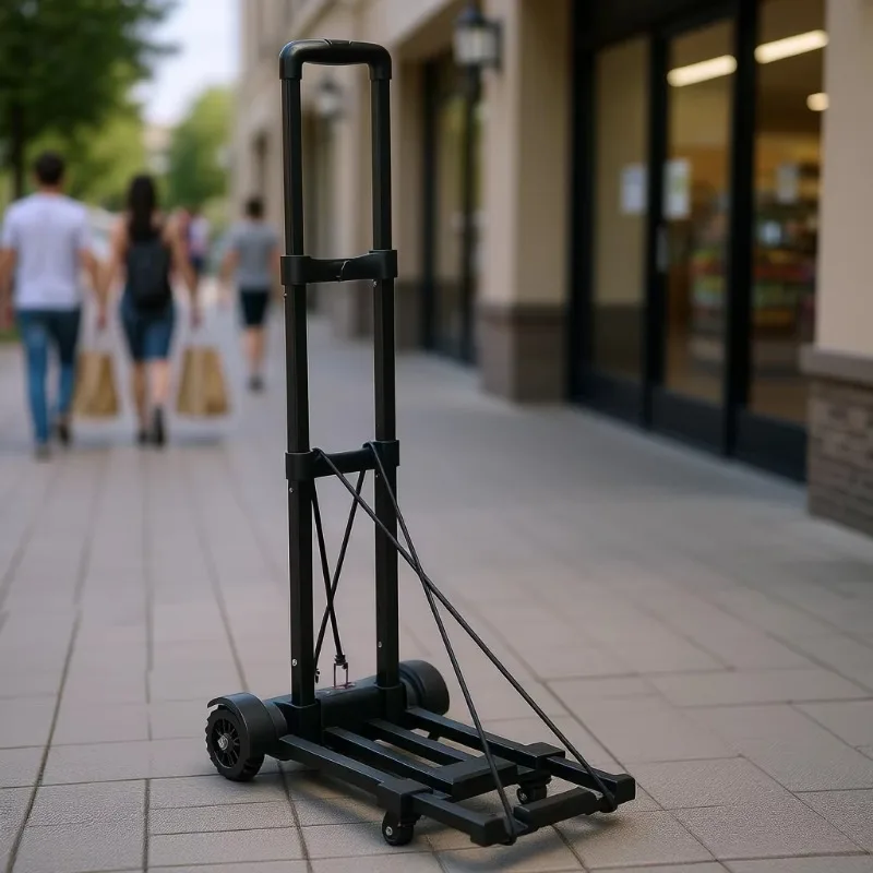 Folding Handcart 4-Wheel 290lb Load Capacity: A multifunctional folding shopping cart with elastic cords and an expandable base