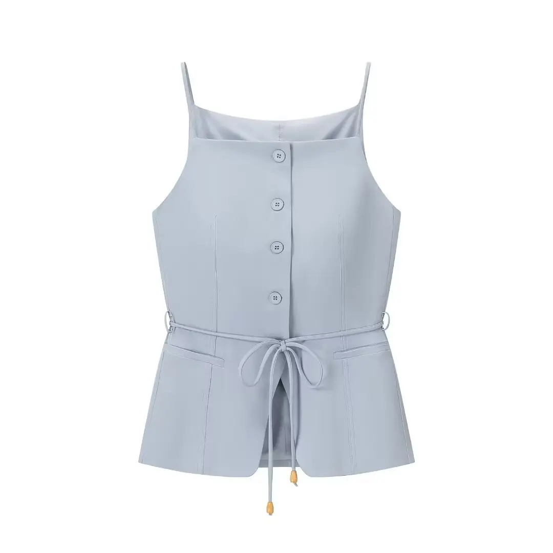 Shpmishal Beaded Belt Camisole & High Waist Straight Leg Pants Set Pearl Embellished Waistband Two Piece Elegant New Arrival