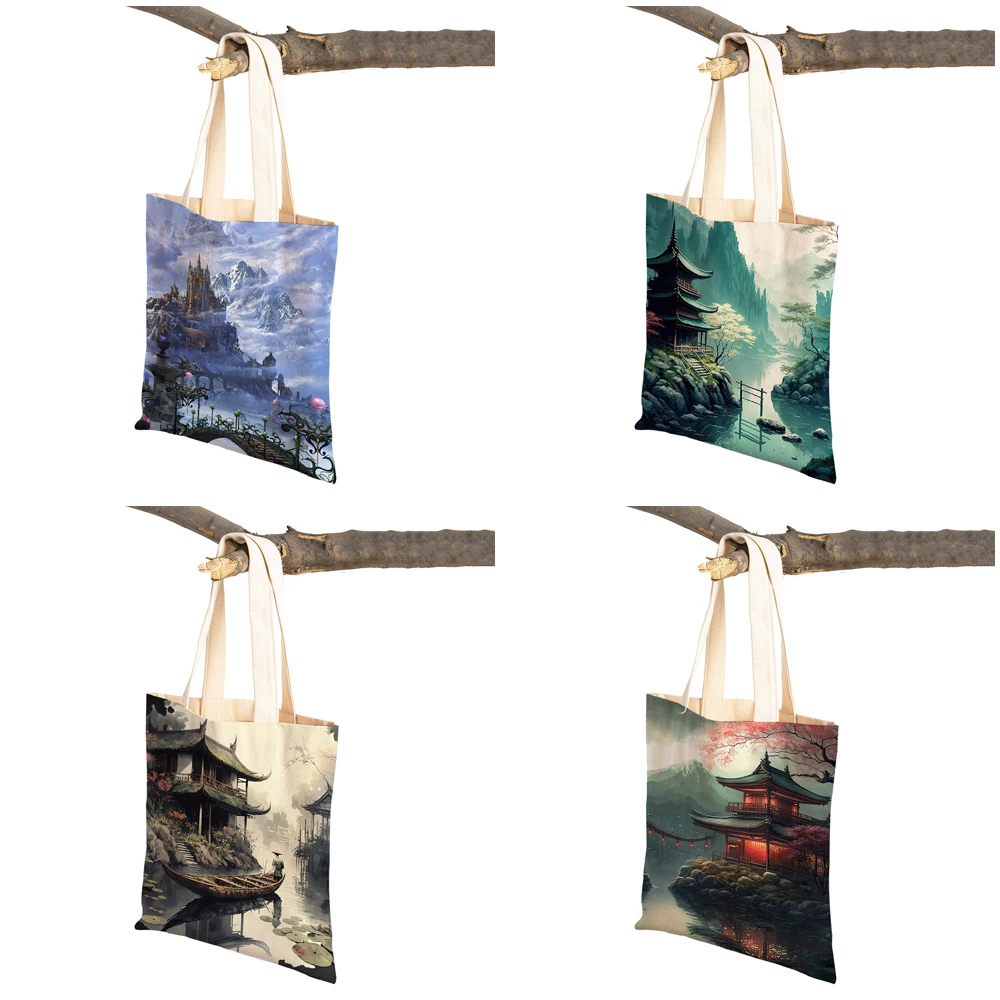 Chinese Painting Forest Women Shopping Bags Casual Canvas Handbag Double Print Decor Beautiful Scenery Shopper Bag Lady Tote