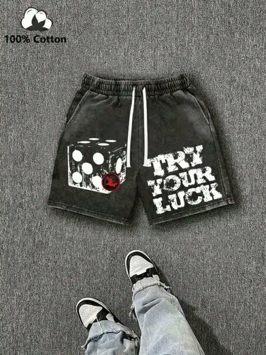 

Mens 100% Cotton Washed Shorts With Dice Graphic And Try Your Luck Print, Elastic Waist Drawstring Design, Casual Loose Fit