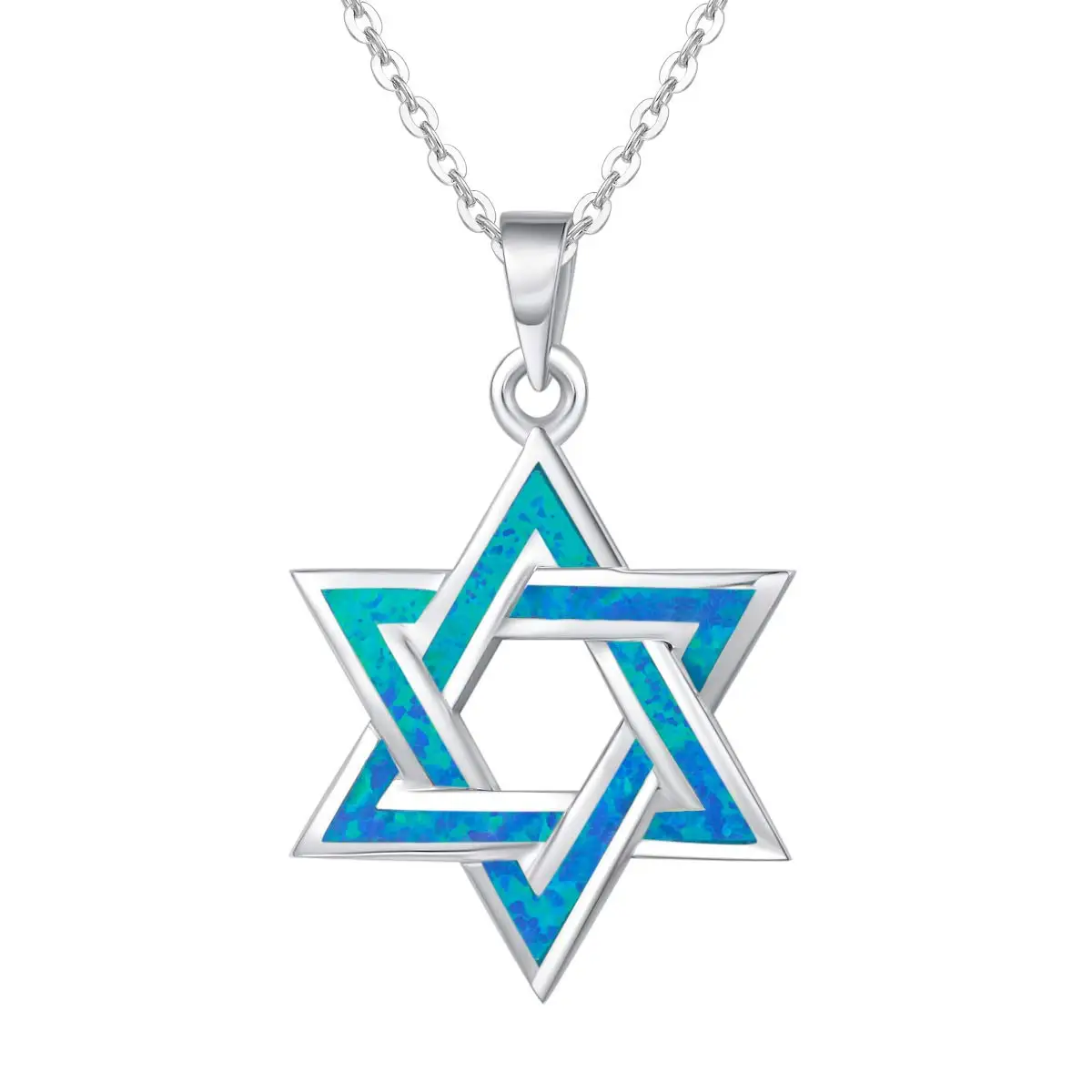 Star of David Blue Opal Chai Hebrew Jewish Pendant Necklace for Gift