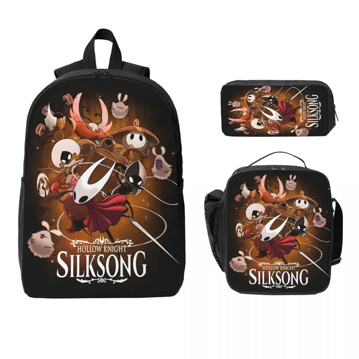 3Pcs Hollow Knight Prints School bags Set for Kids Pen Bags Backpack Sets with Lunch Box For School Students Knapsack