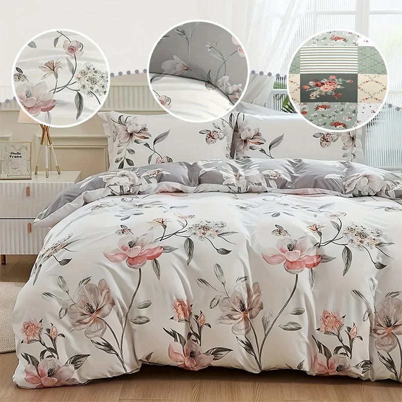 

2/3PCS Green Floral Duvet Cover Set Queen Size Double-sided Design Bedding with Pillowcases Farmhouse Vintage Aesthetic Decor