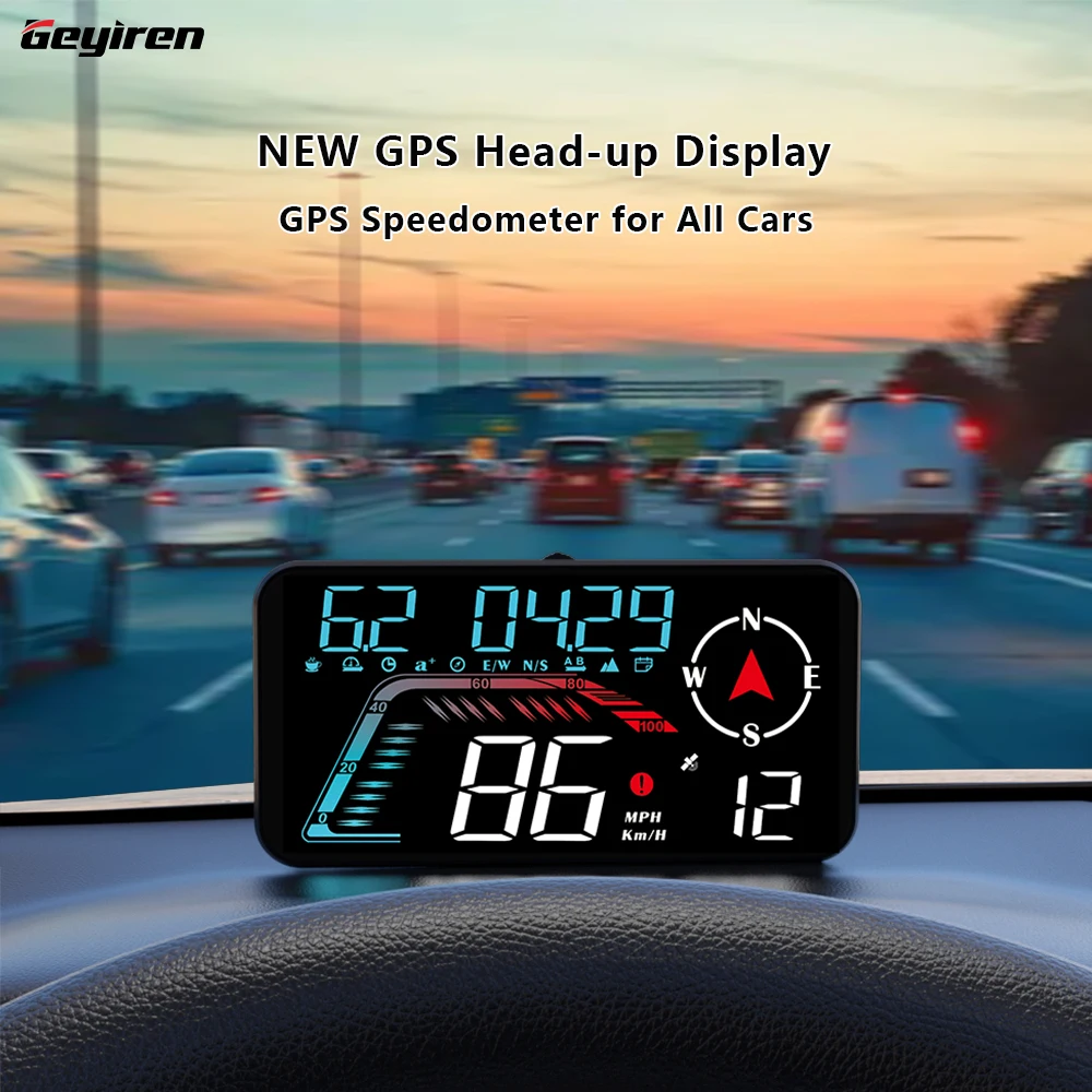 Geyiren G12 GPS HUD Car Digital Speedometer Plug and Play for All Cars Big Font KMH Mileage Local Time Altitude Head-up Display