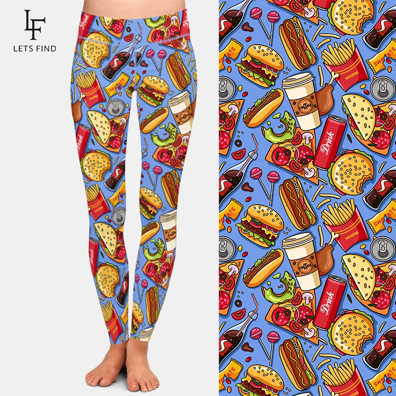 Letsfind leggings moda nova mulher quente cola hambúrguer batatas fritas impressão digital calças de cintura alta calças estiramento leggings