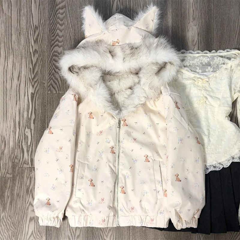 

Женский зимний дизайн с длинным рукавом из искусственного меха, воротник с капюшоном, винтажный топ на молнии, теплое пальто с кошачьими ушками и капюшоном, повседневное ретро, новая куртка Y2k