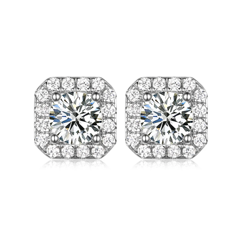 1Pair S925 Sterling Silver Claw Moissanite Hip Hop Bling Ice Out Square Stud Earrings for Men Women Unisex Rapper Jewelry