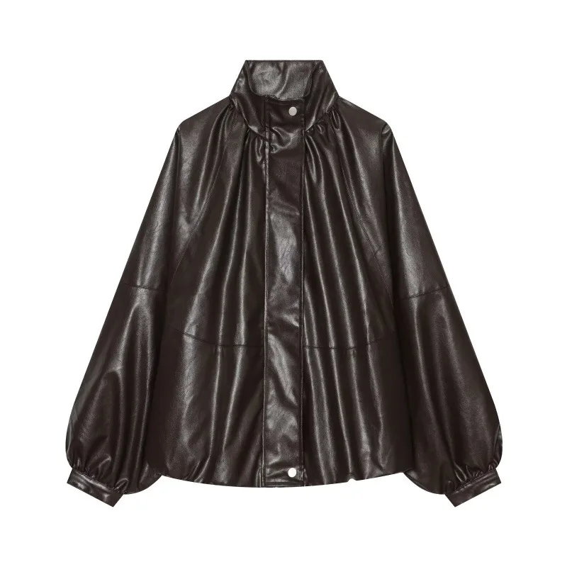 Loose Faux Leather Pilot Jacket Stand Collar Button Style Women's Outerwear Long Sleeve China Made Spring Season Regular Length