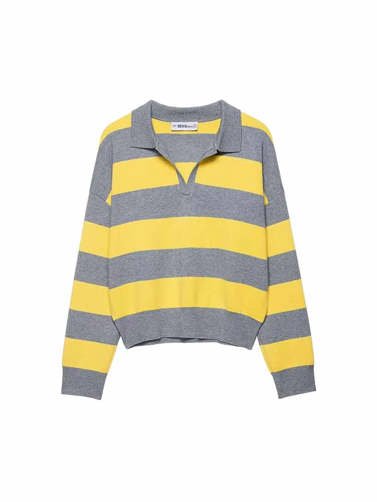 

European and American style autumn new fashion hot style casual women's clothing design striped POLO collar sweater