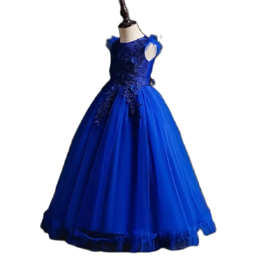 Blue New Girl Flower Elegant Long Dress FOR 4 to 14 years Children\'s Ball Embroidered Princess Dress