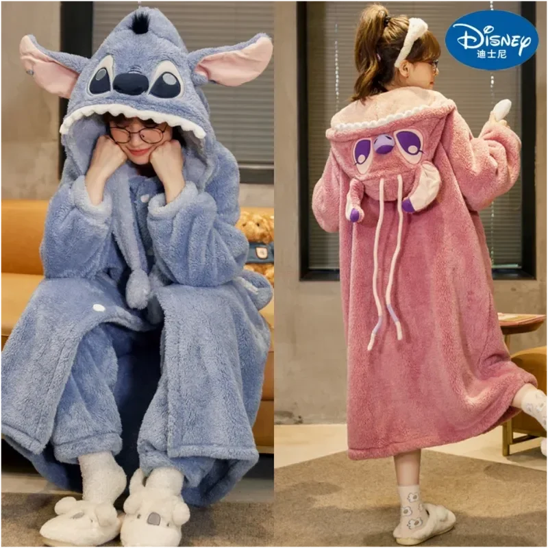 New Disney Stitch Angel Hooded Pajamas Y2k Couple Kawaii Coral Fleece Home Clothes Set Women Winter Warm Female Sleepwear Suit