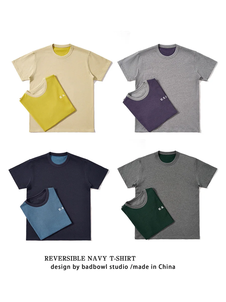 

Reversible Design American Retro Simple Printed T-Shirt Heavy Cotton Short-Sleeved T-Shirt Youth Versatile Bottoming Shirt Men
