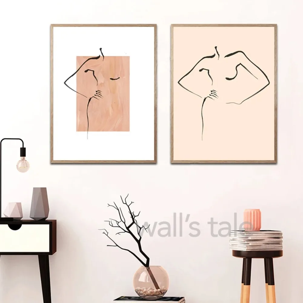 Abstract Woman Line Drawing Canvas Painting Black Beige Neutral Wall  Modern Minimalist  Poster Bedroom Home Decor