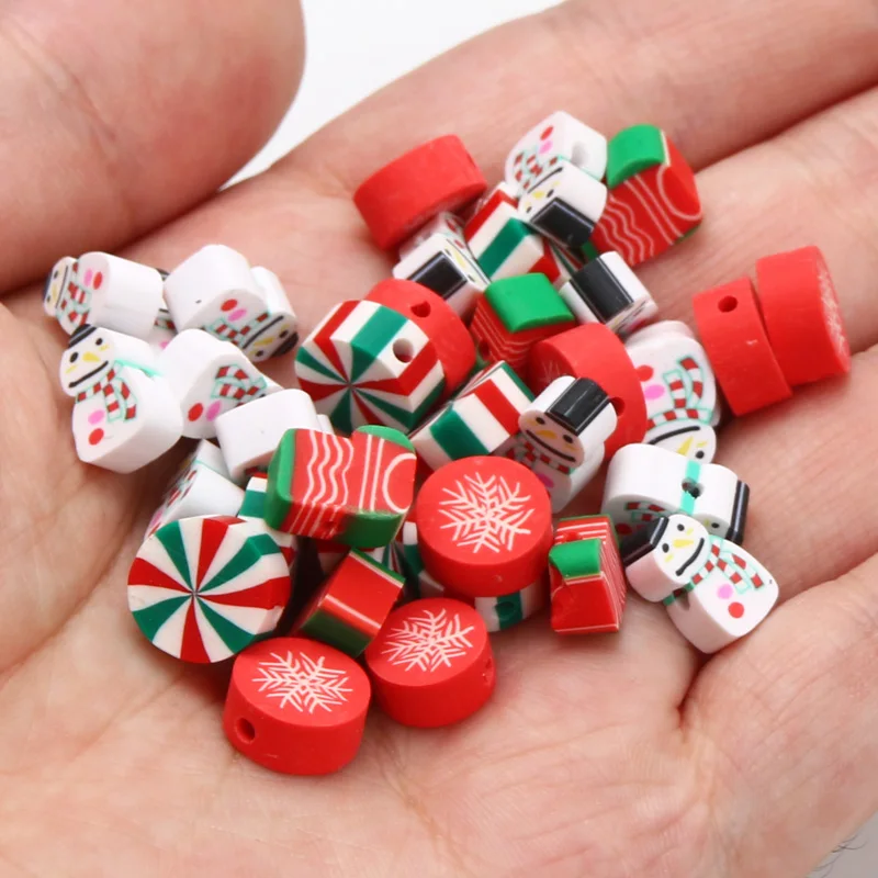 20pcs/lot 8-12mm Christmas Polymer Clay Beads Snowflakes Pattern Spacer Loose Beads For Jewelry Making DIY Handmade Accessories