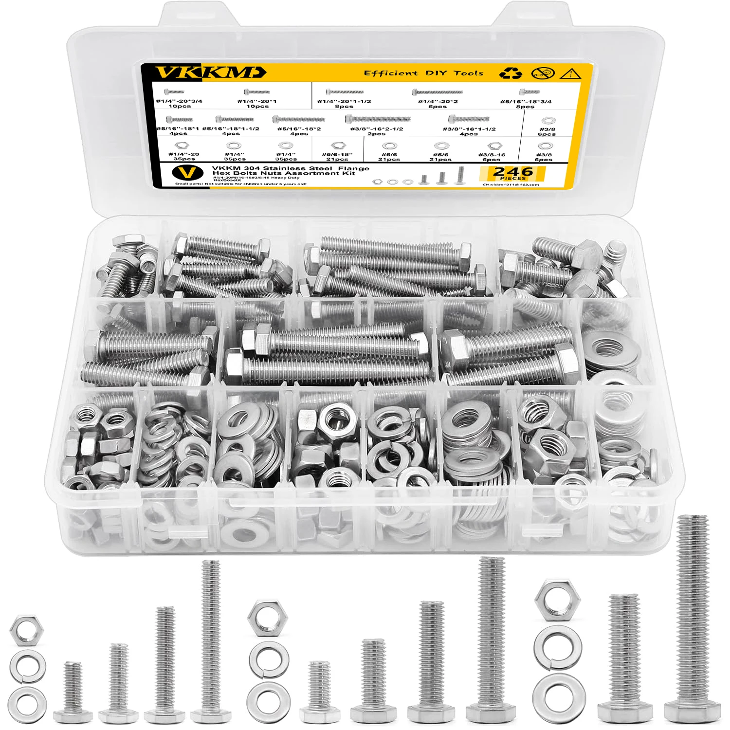 246PCS Hex Head Nuts and Bolts Assortment Kit, Stainless Steel 1/4-20, 5/16-18,3/8-16 Bolts and Nuts Kit