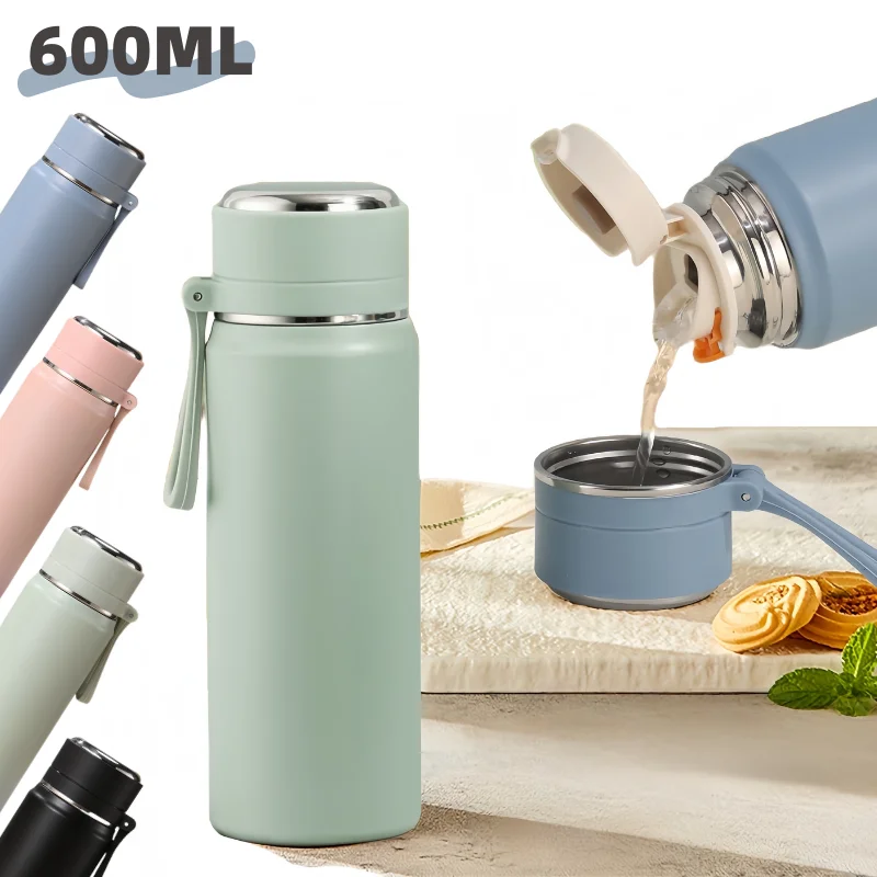Botella de agua térmica de acero inoxidable de 600ML, taza de café térmica para mantener el frío y caliente, botella Termo de viaje a prueba de fugas para té