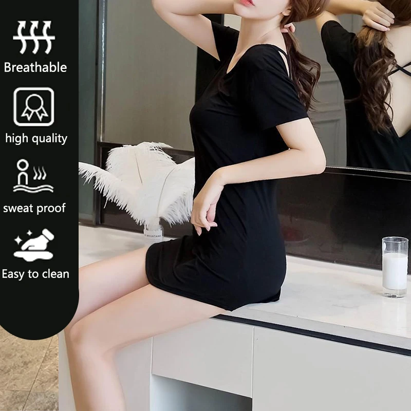 ثوب نوم نسائي بأكمام قصيرة ، بيجامة نسائية مثيرة ، أحادي اللون ، أسود ، فضفاض ، حجم كبير ، الصيف والخريف